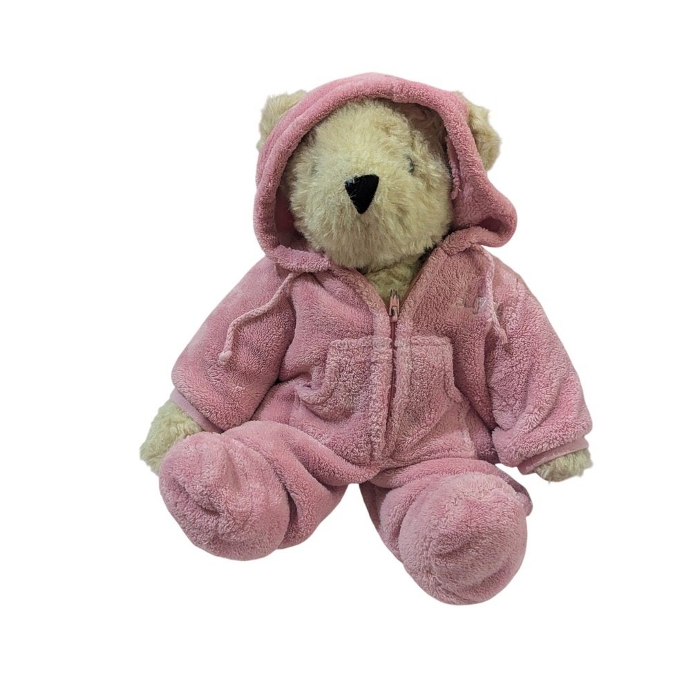 Vermont Teddy Bear Pink Fleece Hooded Romper Plush Tan Bear May 2010 12 inch